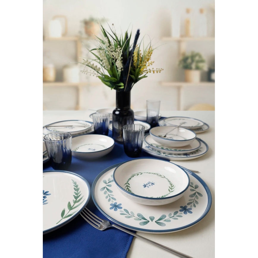 Set da tavola 18 pezzi, bianco/blu/verde, in ceramica