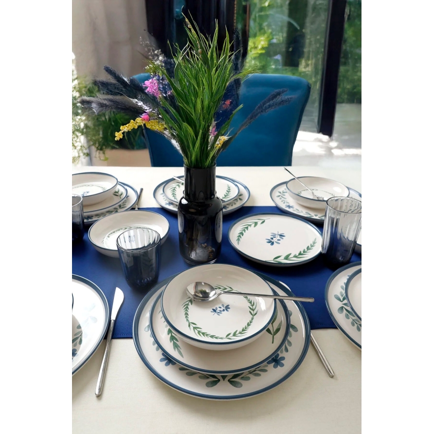 Set da tavola 18 pezzi, bianco/blu/verde, in ceramica