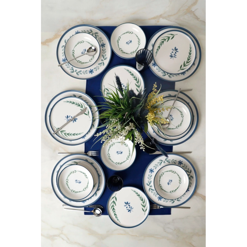 Set da tavola 18 pezzi, bianco/blu/verde, in ceramica