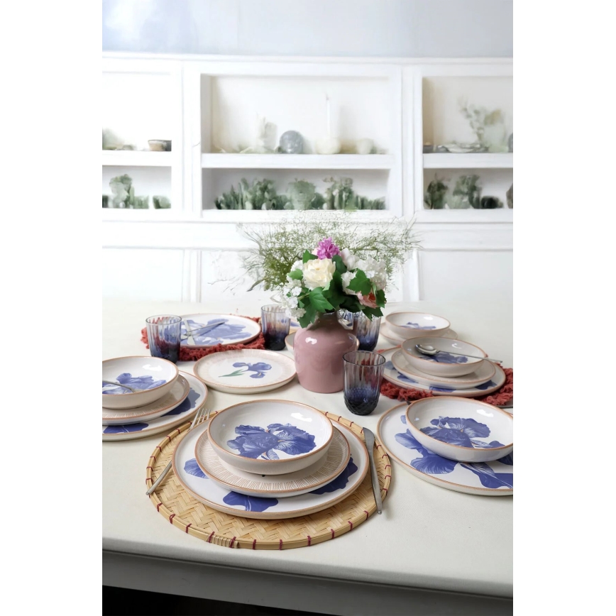Set da tavola 18 pezzi in ceramica bianco/blu/beige