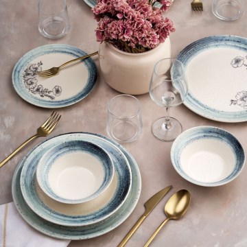 Set da tavola 24 pezzi, bianco/blu, in ceramica