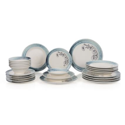 Set da tavola 24 pezzi, bianco/blu, in ceramica