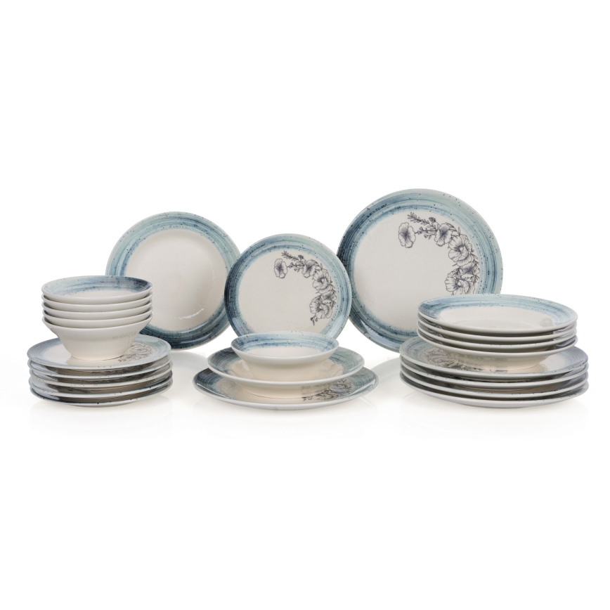Set da tavola 24 pezzi, bianco/blu, in ceramica
