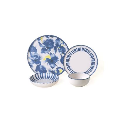 Set da tavola 24 pezzi, bianco/blu, in gres