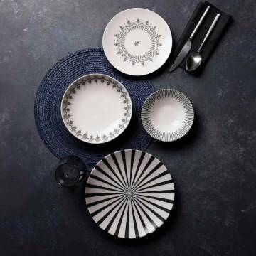 Set da tavola 24 pezzi bianco/nero/porcellana