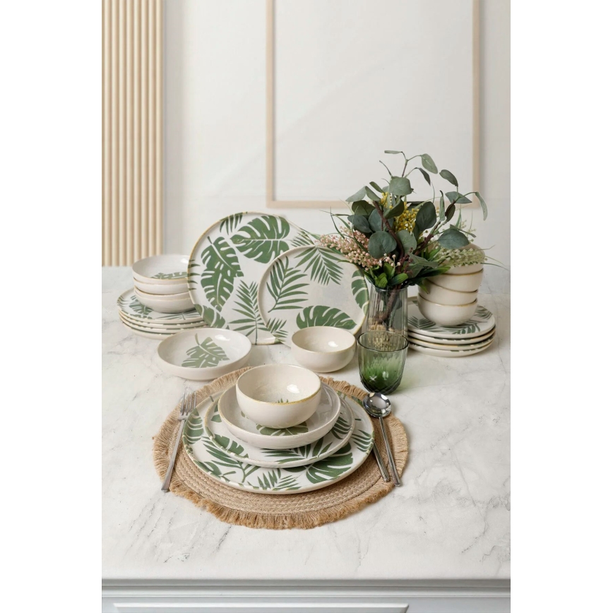 Set da tavola 24 pezzi, bianco/verde, in ceramica