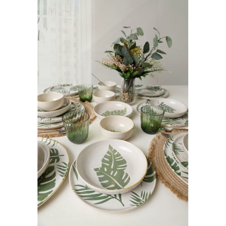 Set da tavola 24 pezzi, bianco/verde, in ceramica