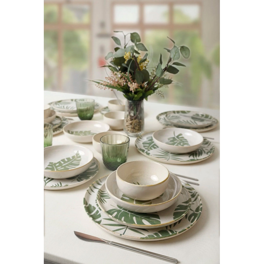 Set da tavola 24 pezzi, bianco/verde, in ceramica