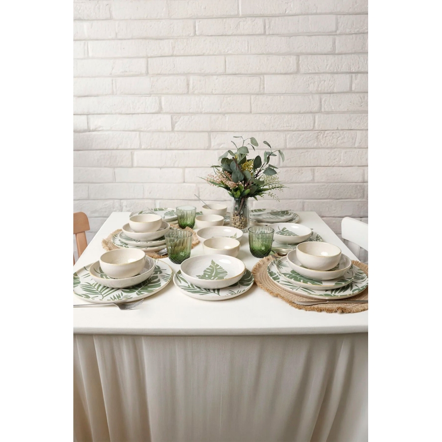 Set da tavola 24 pezzi, bianco/verde, in ceramica