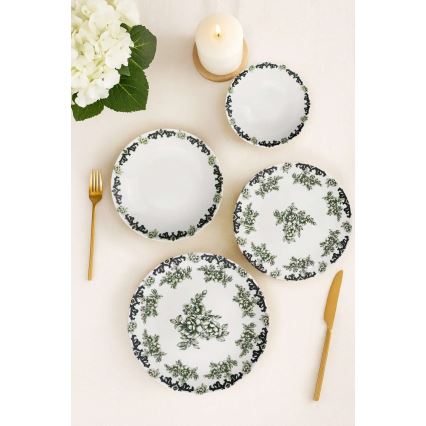 Set da tavola 24 pezzi, bianco/verde, in porcellana