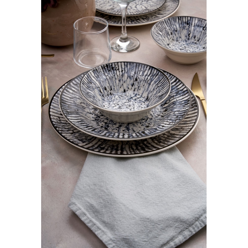 Set da tavola 24 pezzi, blu/nero, in ceramica