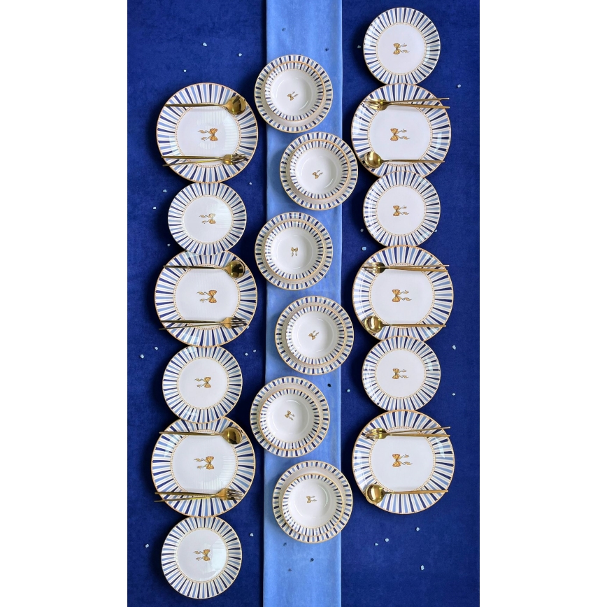 Set da tavola 24 pezzi in ceramica - bianco/blu/oro