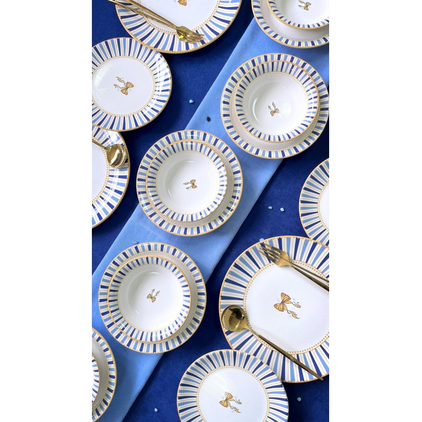 Set da tavola 24 pezzi in ceramica - bianco/blu/oro