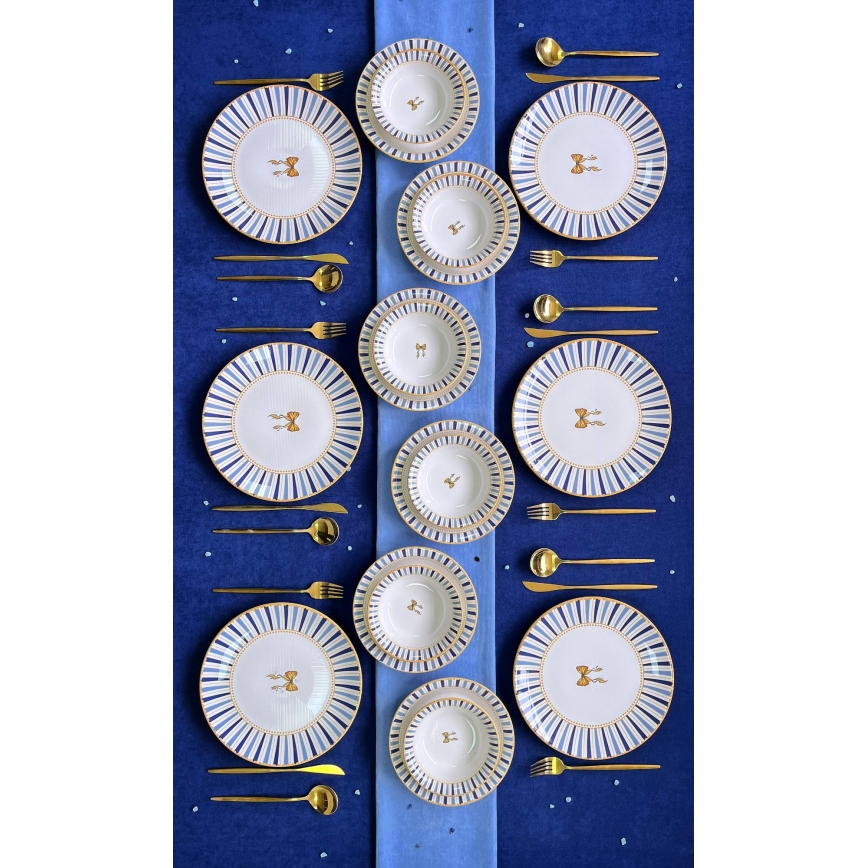 Set da tavola 24 pezzi in ceramica - bianco/blu/oro