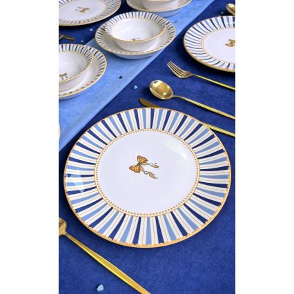 Set da tavola 24 pezzi in ceramica - bianco/blu/oro
