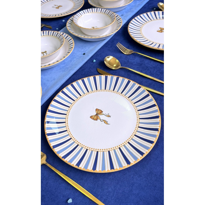 Set da tavola 24 pezzi in ceramica - bianco/blu/oro