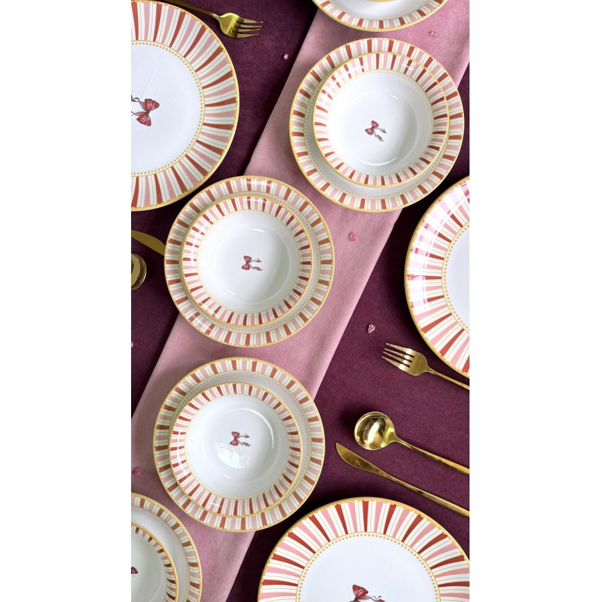 Set da tavola 24 pezzi in ceramica, bianco/rosa/oro