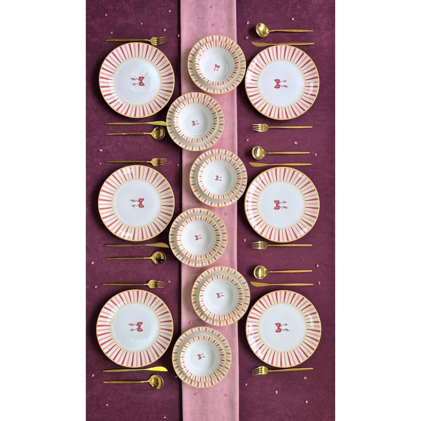 Set da tavola 24 pezzi in ceramica, bianco/rosa/oro