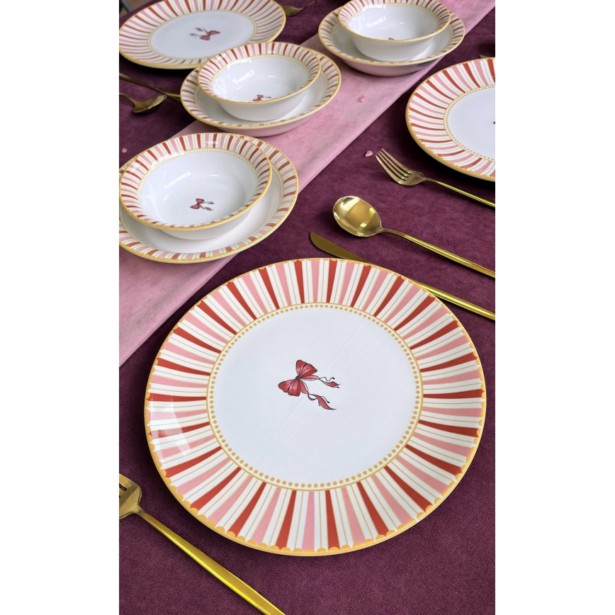 Set da tavola 24 pezzi in ceramica, bianco/rosa/oro