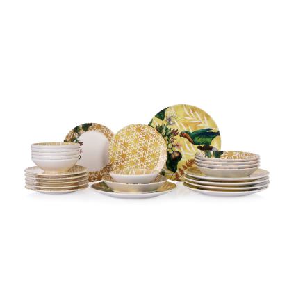 Set da tavola 24 pezzi in ceramica, giallo/verde/bianco