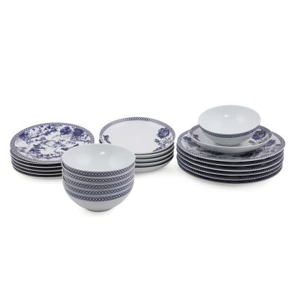 Set da tavola 24 pezzi in porcellana, bianco/blu