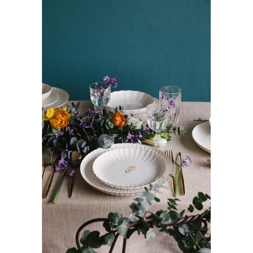 Set da tavola 27 pezzi, bianco/dorato, in porcellana