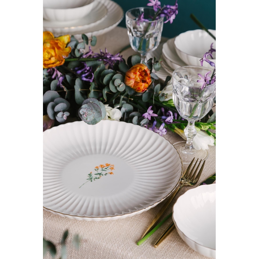 Set da tavola 27 pezzi, bianco/dorato, in porcellana