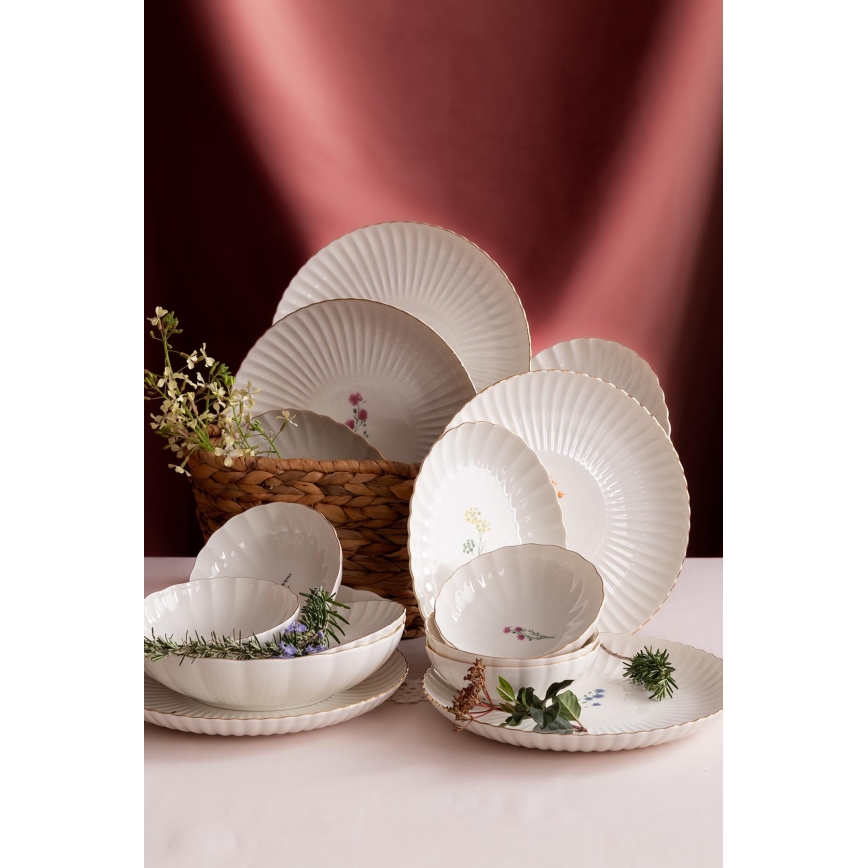 Set da tavola 27 pezzi, bianco/dorato, in porcellana