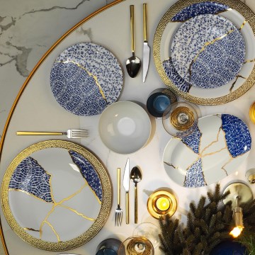Set da tavola 28 pezzi in porcellana, bianco/oro/blu