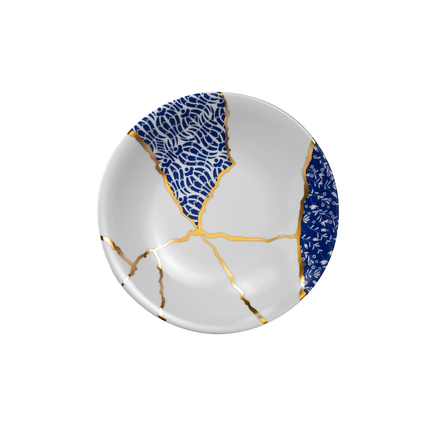 Set da tavola 28 pezzi in porcellana, bianco/oro/blu