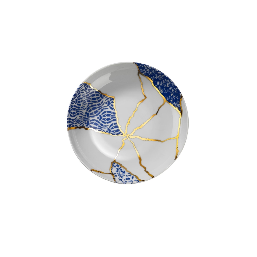 Set da tavola 28 pezzi in porcellana, bianco/oro/blu