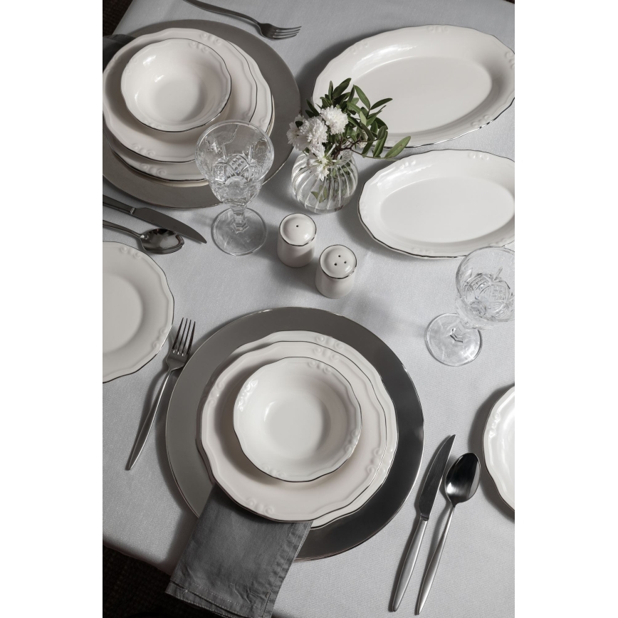 Set da tavola 53 pezzi, bianco/argento, in porcellana