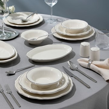 Set da tavola 53 pezzi in porcellana, bianco con dettagli argento