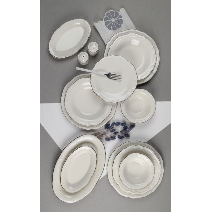 Set da tavola 53 pezzi in porcellana, bianco con dettagli argento