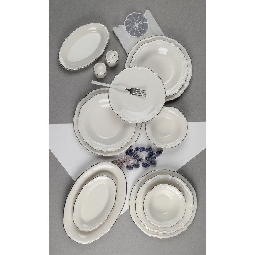 Set da tavola 53 pezzi in porcellana, bianco con dettagli argento