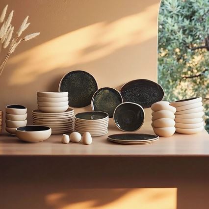 Set da tavola 55 pezzi bianco/nero/in gres