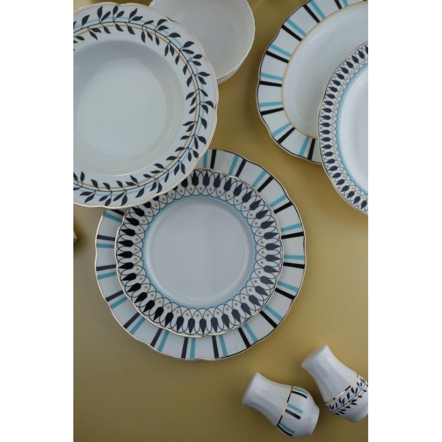 Set da tavola 62 pezzi in porcellana, disponibile nei colori bianco, blu e nero