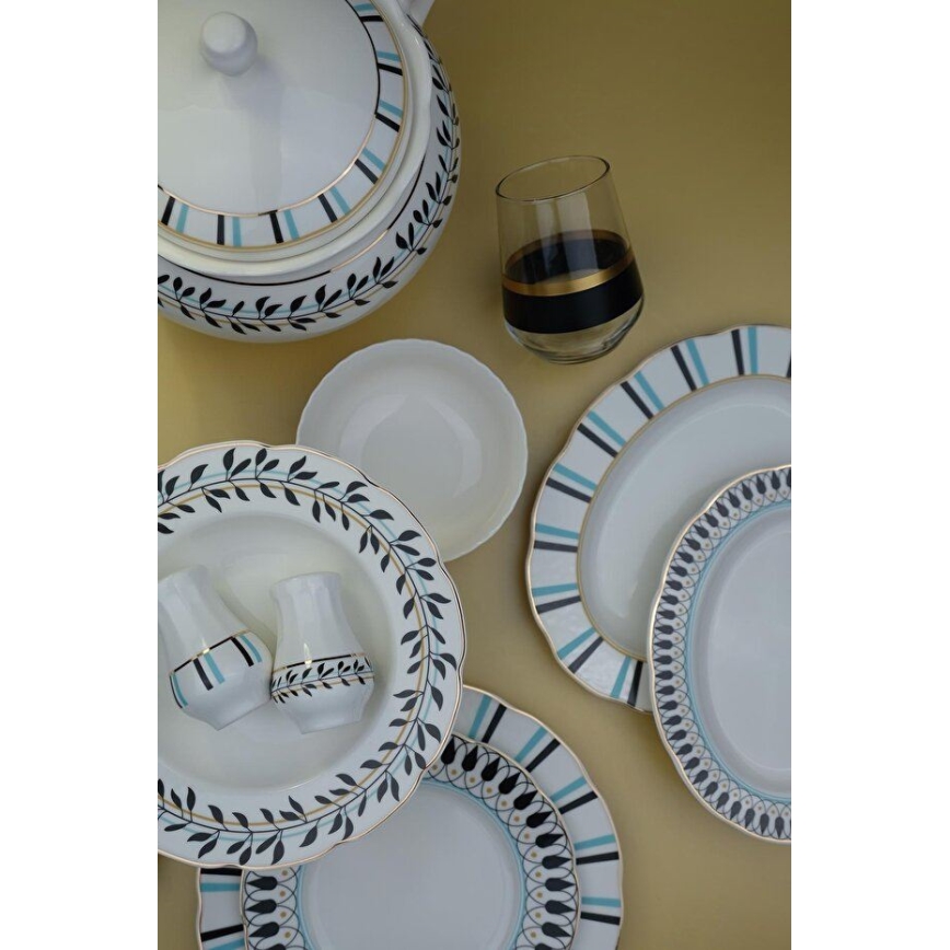 Set da tavola 62 pezzi in porcellana, disponibile nei colori bianco, blu e nero