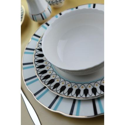 Set da tavola 62 pezzi in porcellana, disponibile nei colori bianco, blu e nero