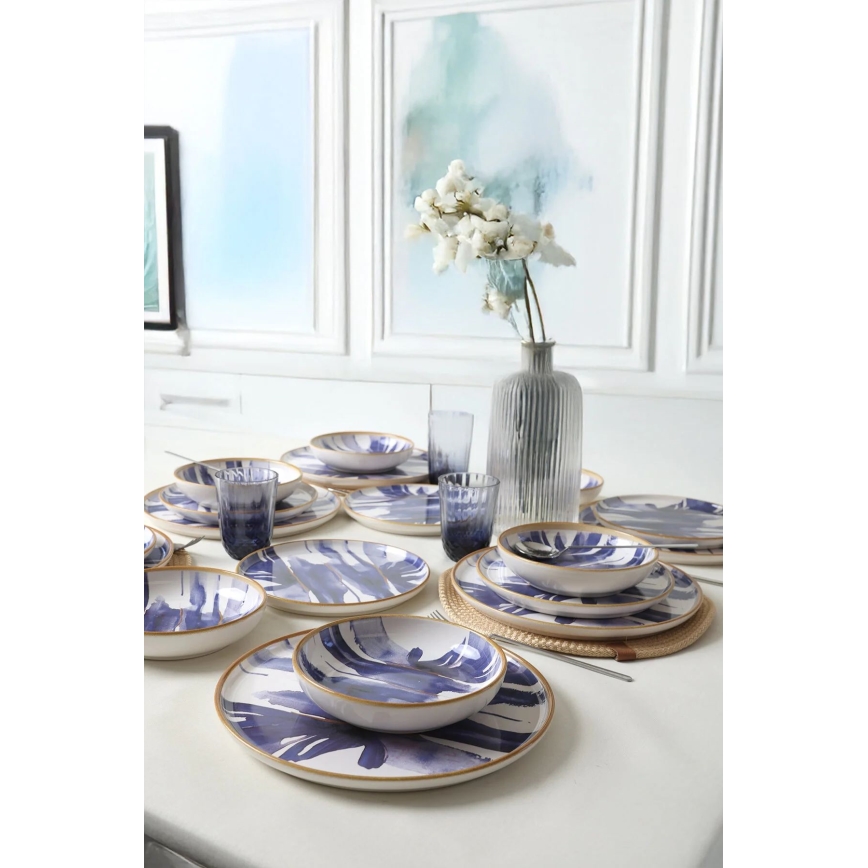 Set da tavola in ceramica, 18 pezzi, bianco/blu