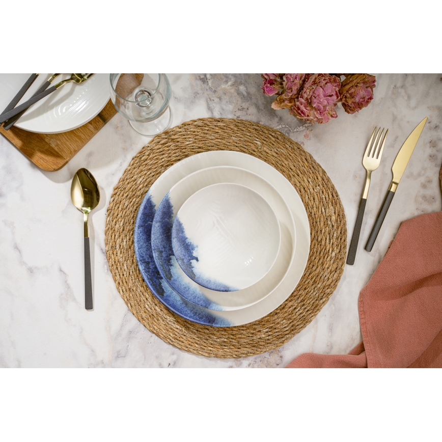 Set da tavola in porcellana, 24 pezzi, crema/blu