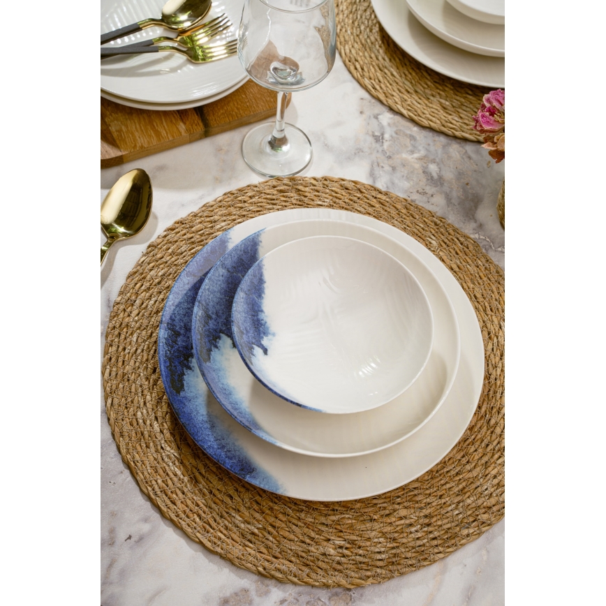 Set da tavola in porcellana, 24 pezzi, crema/blu