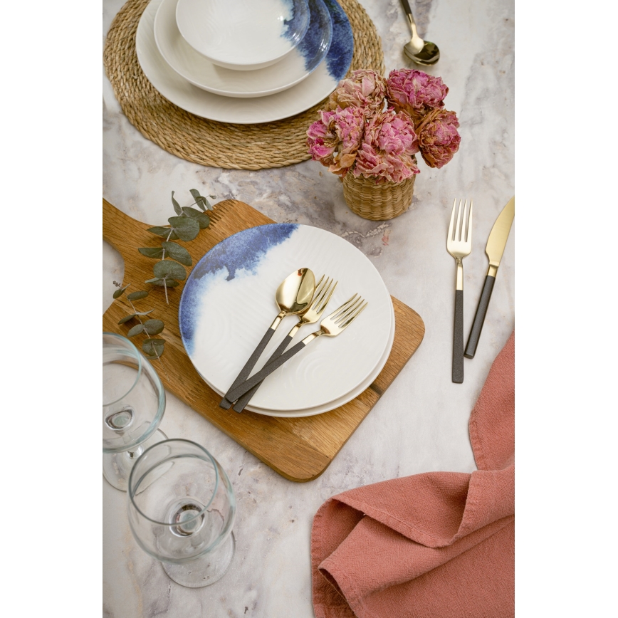 Set da tavola in porcellana, 24 pezzi, crema/blu