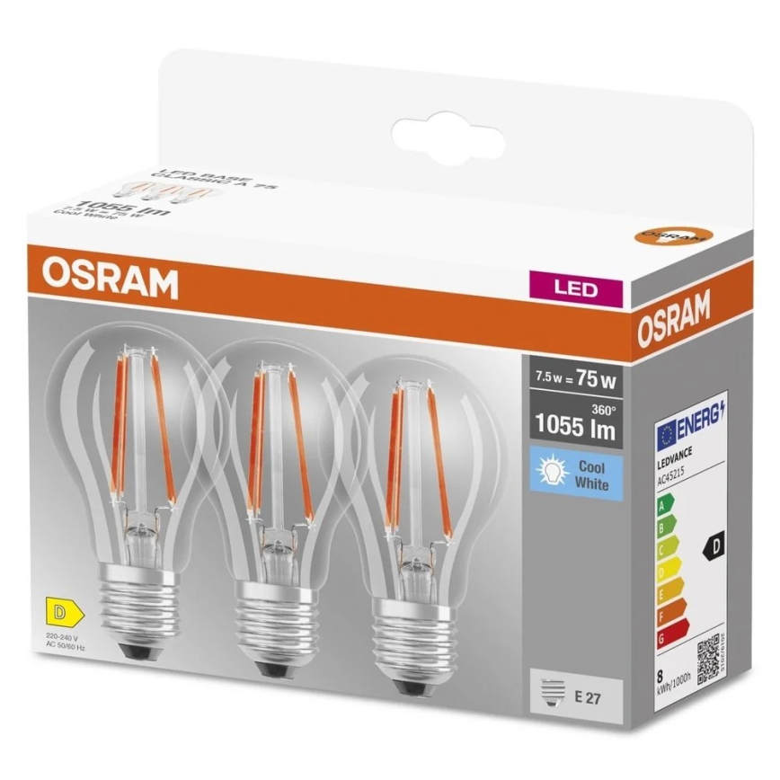 Set di 3 lampadine LED BASE CLASSIC FILAMENT A60 E27/7,5W/230V 4000K - Osram