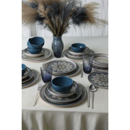 Set di piatti 24 pezzi blu/crema in gres