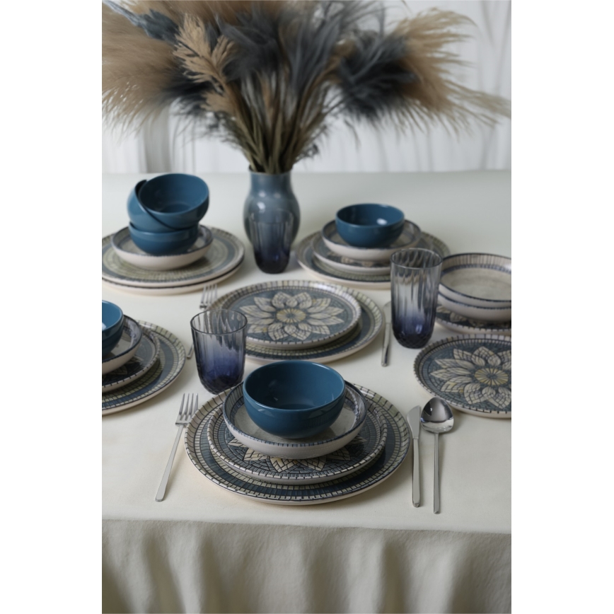Set di piatti 24 pezzi blu/crema in gres