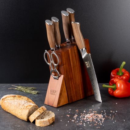 Gudaro - Set di 5 coltelli da cucina in acciaio damascato TAKUMI + ceppo per coltelli e forbici per pollame