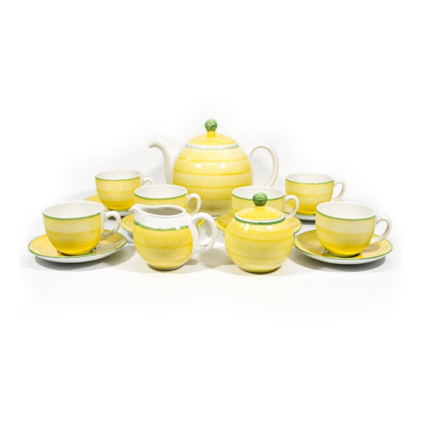 Set in ceramica 6 tazze con piattino, 1 brocca con coperchio, 1 zuccheriera e 1 lattiera