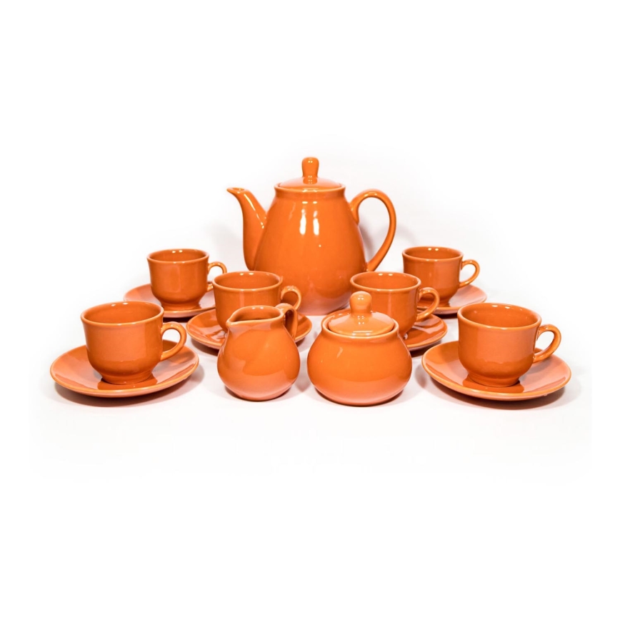Set in ceramica 6 tazzine con piattino, 1 brocca con coperchio, 1 zuccheriera e 1 lattiera