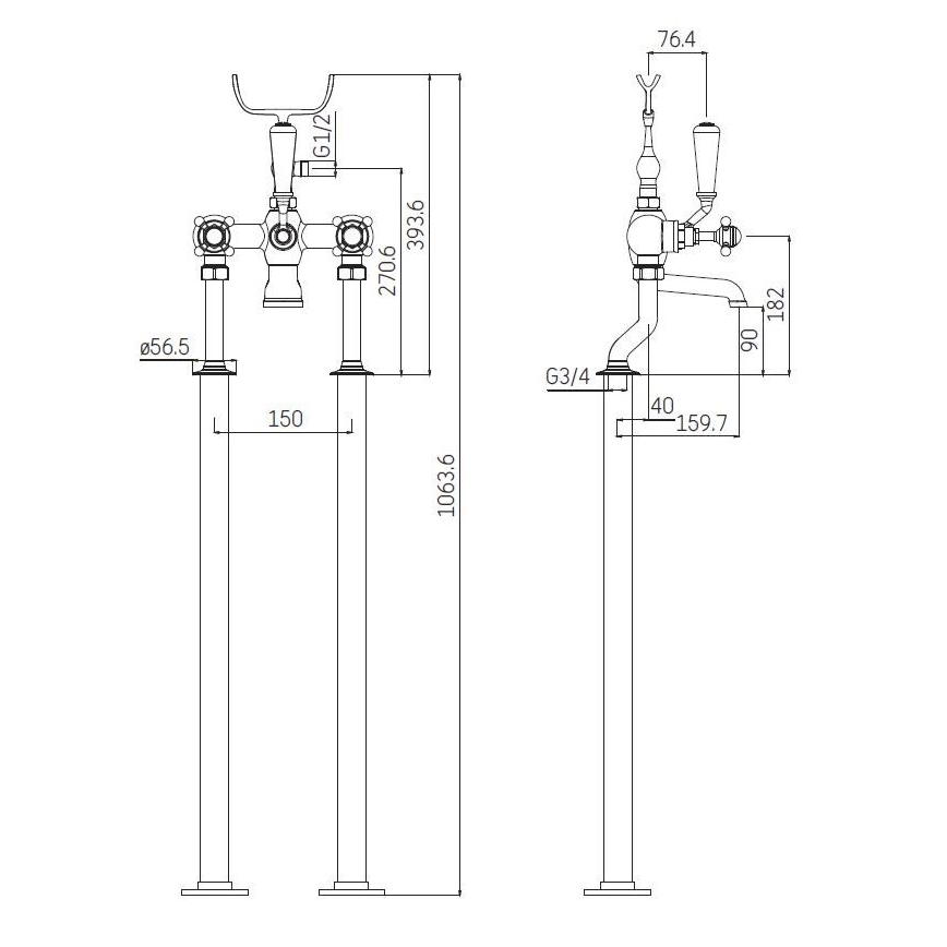 Set per vasca freestanding con miscelatore 106,3 cm in cromo lucido